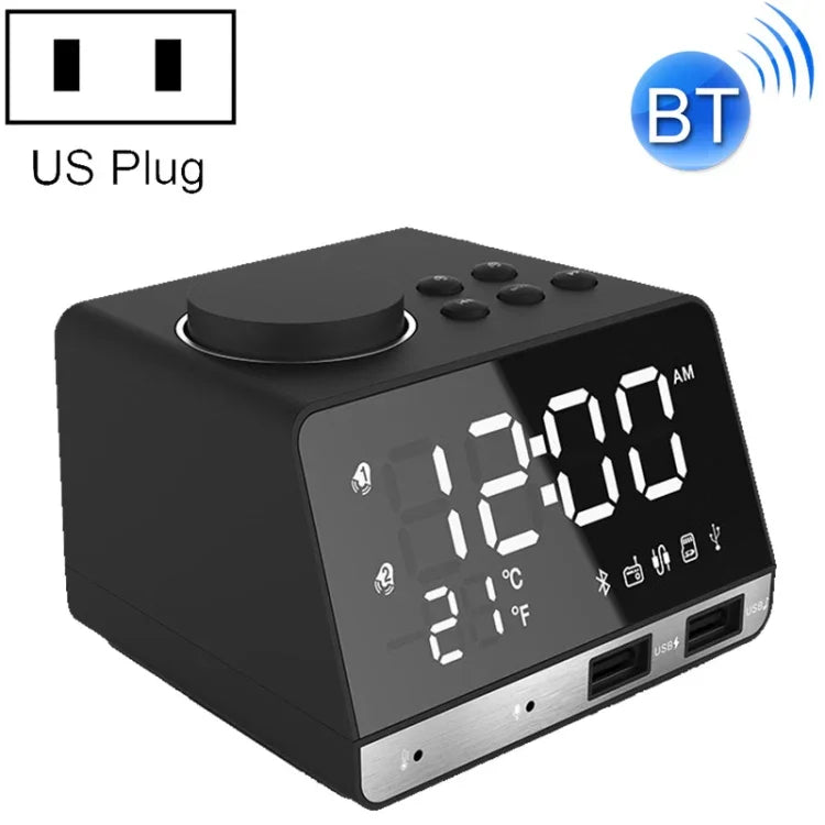 ساعة منبه ومكبر صوت بلوتوث K11، ساعة موسيقية رقمية مبتكرة مع راديو وشاشتين USB، تدعم ذاكرة USB / بطاقة TF / FM / AUX، قابس أمريكي، أسود، أبيض