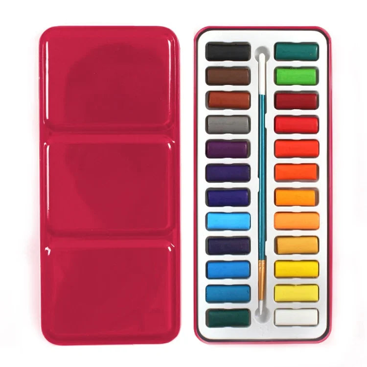 24 Colors Portable Iron Box Solid Watercolor Paints Set for Artist School Student Outdoor Water Color Sketch Painting Stationery, 24 Colors
