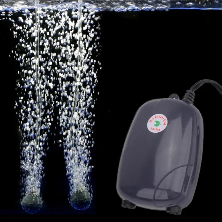 مضخة هواء حوض سمك RS-390 بقوة 5 واط، مخرجان، تدفق قابل للتعديل، صامتة، 220 فولت، مضخة أكسجين لحوض السمك، 5 واط