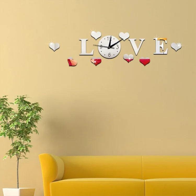 ساعة حب إبداعية من مرآة الأكريليك ملصق حائط DIY، ساعة حب من مرآة الأكريليك (أسود)، ساعة حب من مرآة الأكريليك (ذهبي)، ساعة حب من مرآة الأكريليك (فضي)
