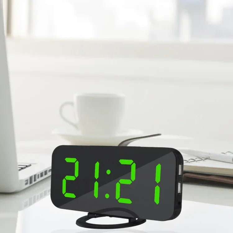 Multifunction Creative Mirror Reflective LED Display Alarm Clock with Snooze Function & 2 USB Charge Port