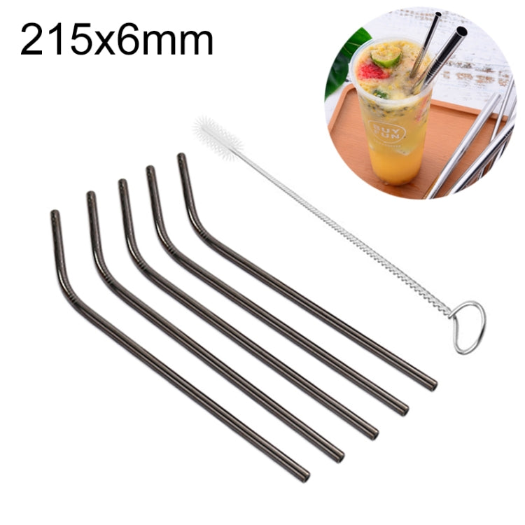 مجموعة من 5 قطع من مصاصات شرب من الفولاذ المقاوم للصدأ القابلة لإعادة الاستخدام مع فرشاة تنظيف، 215*6 مم (منحنية)