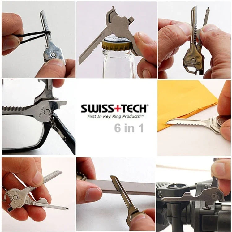 سلسلة مفاتيح متعددة الوظائف 6 في 1 من الفولاذ المقاوم للصدأ SWISS+TECH، أدوات صغيرة قابلة للطي، حلقة مفاتيح
