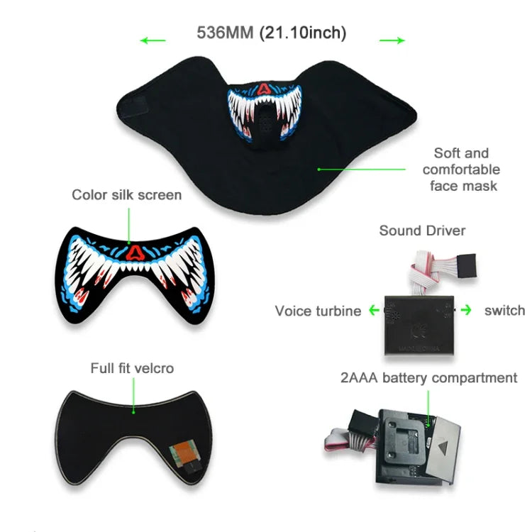 قناع هالوين FG-MA-02 بتحكم صوتي، ضوء LED بارد، قناع تمثيل رعب، FG-MA-02
