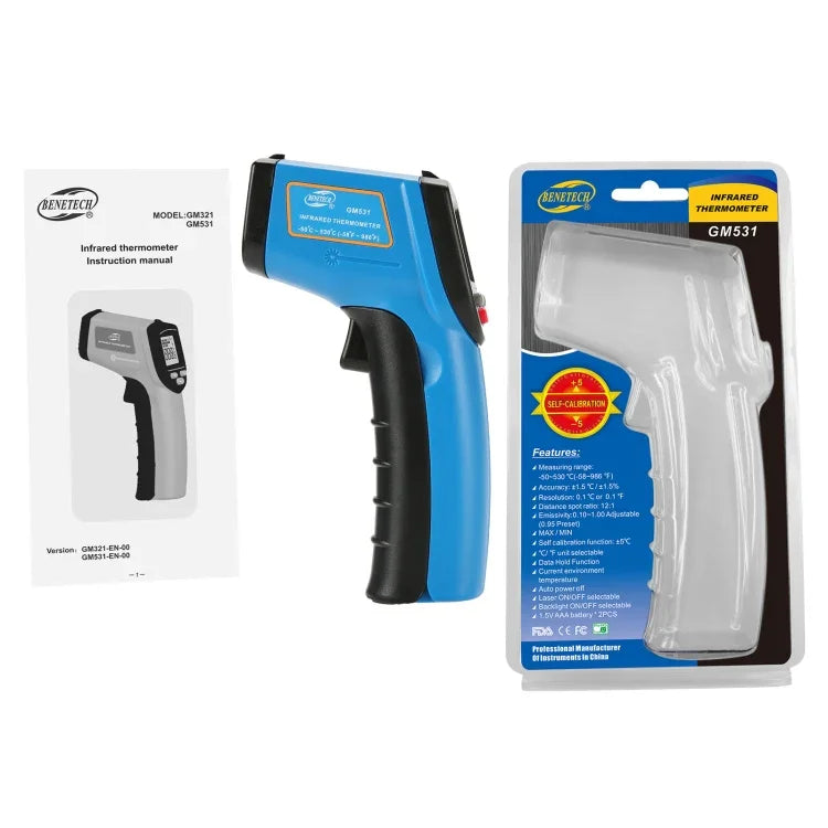 مقياس حرارة يدوي رقمي بالأشعة تحت الحمراء BENETECH GM531 للطهي، نطاق القياس: -50~530 درجة مئوية، GM531