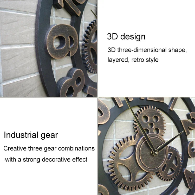 Retro Wooden Round Single-sided Gear Clock Rome Number Wall Clock, Diameter: 58cm, Rome Number 58cm