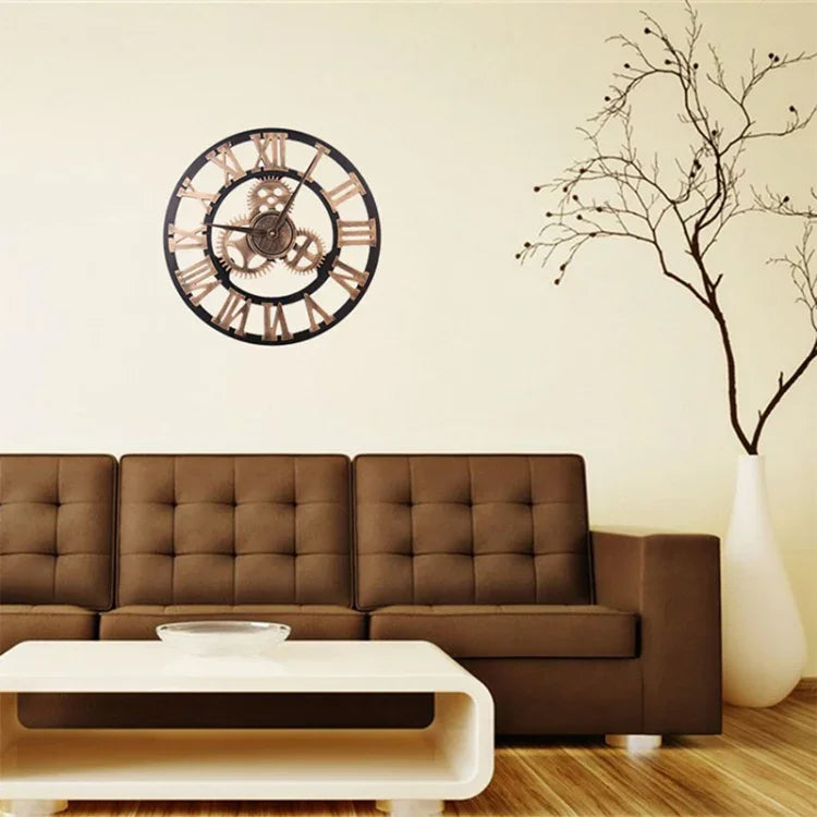 Retro Wooden Round Single-sided Gear Clock Rome Number Wall Clock, Diameter: 58cm, Rome Number 58cm