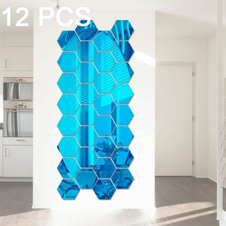 12 قطعة ملصقات حائط مرآة سداسية الأبعاد 3D، الحجم: 8*8 سم، ألوان: أزرق، فضي، أسود، ذهبي