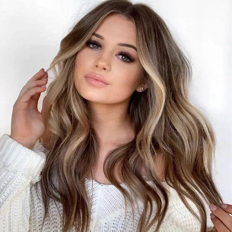 A557 Ladies Mid-point Big Wave Linen Brown Mixed Color Long Curly Wig
