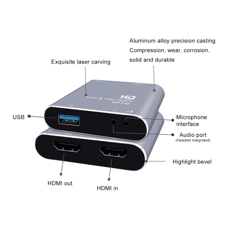 Z37 بطاقة التقاط فيديو وصوت عالية الدقة HDMI أنثى + ميكروفون إلى HDMI أنثى + صوت + USB مع حلقة، Z37