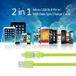 كابل شحن ومزامنة بيانات HAWEEL 1 متر 2 في 1 Micro USB و8 دبابيس إلى USB، كابل 2 في 1 مع موصلين