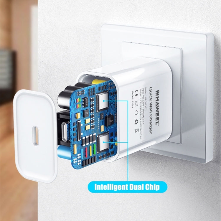 شاحن سفر HAWEEL PD 20W بمنفذ USB-C / Type-C واحد، يدعم بروتوكول QC الكامل، قابس EU، شاحن QC قابس EU
