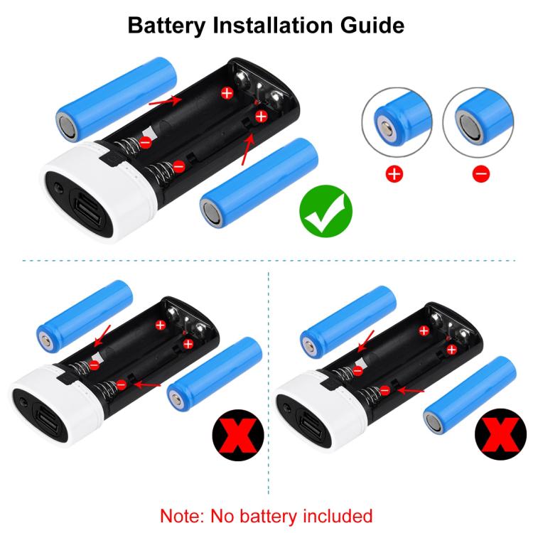 صندوق شل لبنك طاقة DIY مع بطاريتين 18650 (غير مشمولتين) بسعة 5600 مللي أمبير مع مخرج USB ومؤشر، DIY بطاريتين (أسود)، DIY بطاريتين (أبيض)