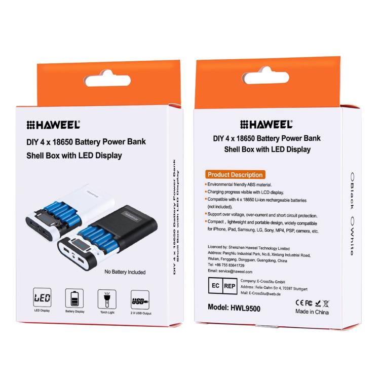 HAWEEL DIY 4 x 18650 Battery (Not Included) 10000mAh Power Bank Shell Box with 2 x USB Output & Display for iPhone, Galaxy, Sony, HTC, Google, Huawei, Xiaomi, Lenovo and other Smartphones, DIY 4x 18650 Batteries 10000mAh