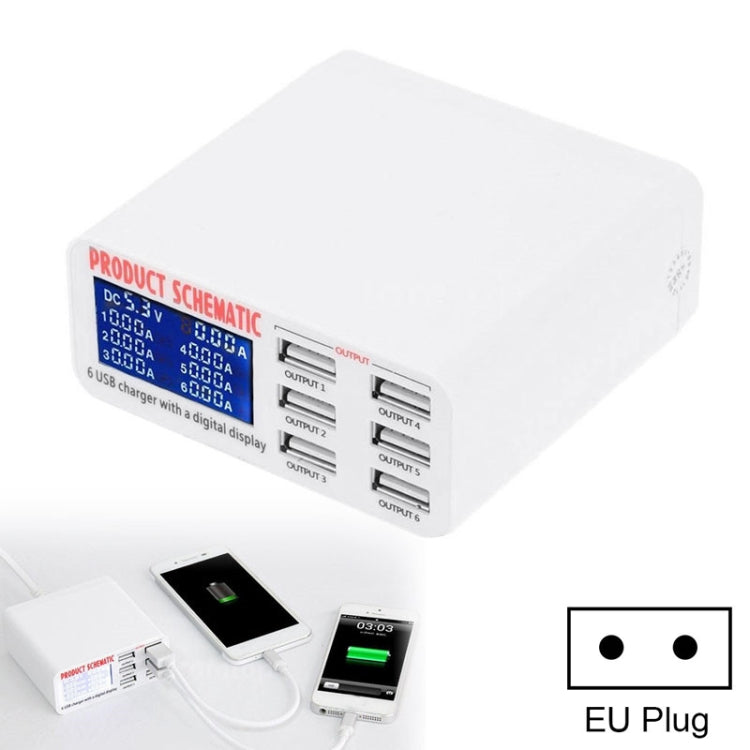 شاحن سريع 899 30 واط QC 3.0 بستة منافذ USB مع شاشة رقمية LCD، قابس الاتحاد الأوروبي، 899