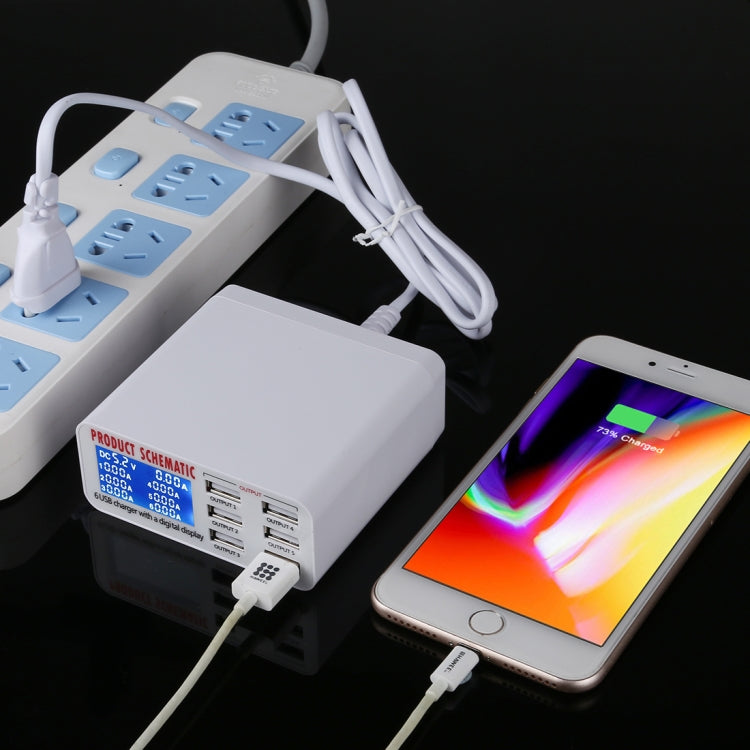 شاحن سريع 899 30 واط QC 3.0 بستة منافذ USB مع شاشة رقمية LCD، قابس الاتحاد الأوروبي، 899