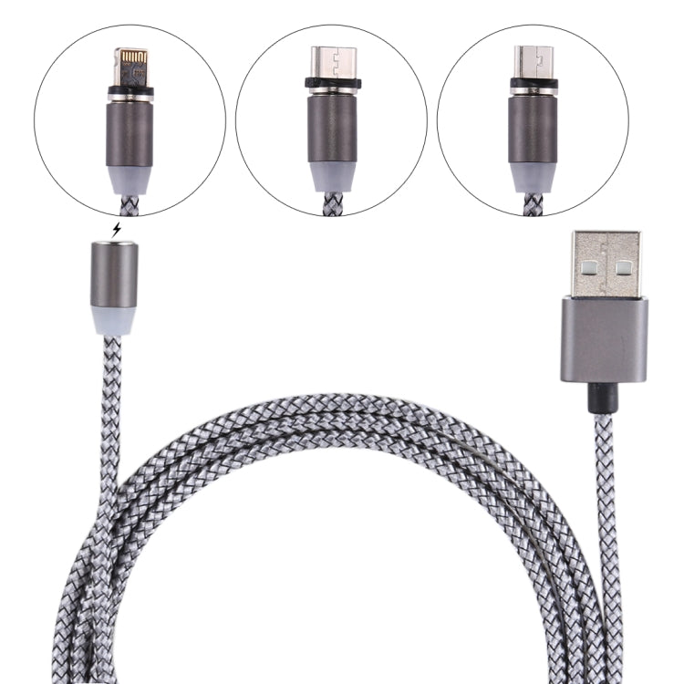 كابل شحن ومزامنة بيانات مضفر بطول 1.05 متر من 8 بن + Micro USB + USB-C / Type-C إلى USB مع مؤشر LED