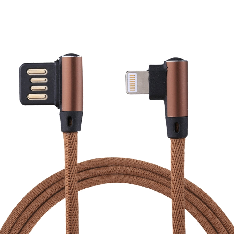 كابل شحن ومزامنة بيانات 1 متر 2.4A USB إلى 8 دبابيس بتصميم كوع مزدوج بنمط نسج نايلون، 8 دبابيس أزرق داكن، 8 دبابيس أزرق، 8 دبابيس أحمر، 8 دبابيس أسود، 8 دبابيس بني