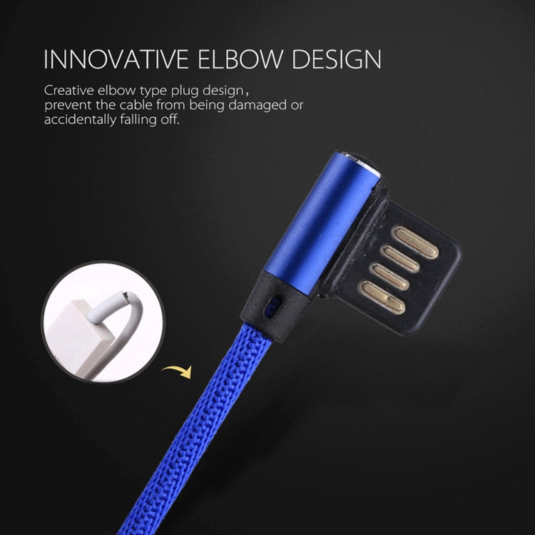 كابل شحن ومزامنة بيانات 1 متر 2.4A USB إلى 8 دبابيس بتصميم كوع مزدوج بنمط نسج نايلون، 8 دبابيس أزرق داكن، 8 دبابيس أزرق، 8 دبابيس أحمر، 8 دبابيس أسود، 8 دبابيس بني