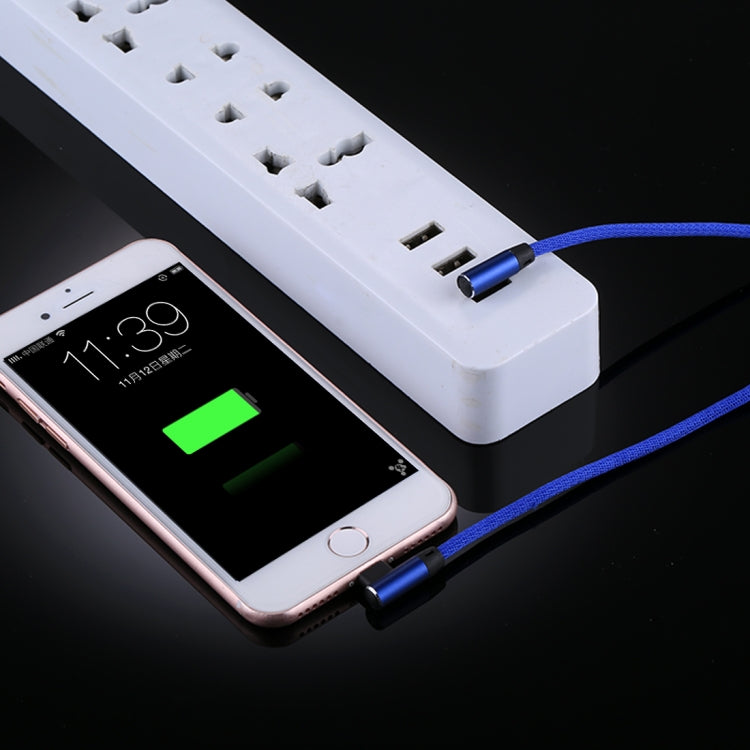 كابل شحن ومزامنة بيانات 1 متر 2.4A USB إلى 8 دبابيس بتصميم كوع مزدوج بنمط نسج نايلون، 8 دبابيس أزرق داكن، 8 دبابيس أزرق، 8 دبابيس أحمر، 8 دبابيس أسود، 8 دبابيس بني
