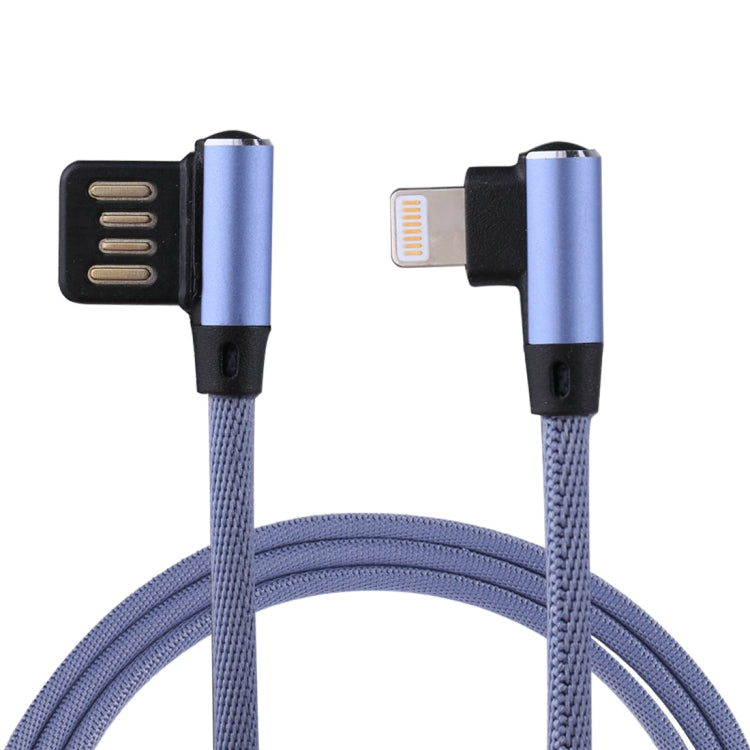 كابل شحن ومزامنة بيانات 1 متر 2.4A USB إلى 8 دبابيس بتصميم كوع مزدوج بنمط نسج نايلون، 8 دبابيس أزرق داكن، 8 دبابيس أزرق، 8 دبابيس أحمر، 8 دبابيس أسود، 8 دبابيس بني