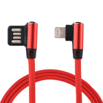 كابل شحن ومزامنة بيانات 1 متر 2.4A USB إلى 8 دبابيس بتصميم كوع مزدوج بنمط نسج نايلون، 8 دبابيس أزرق داكن، 8 دبابيس أزرق، 8 دبابيس أحمر، 8 دبابيس أسود، 8 دبابيس بني