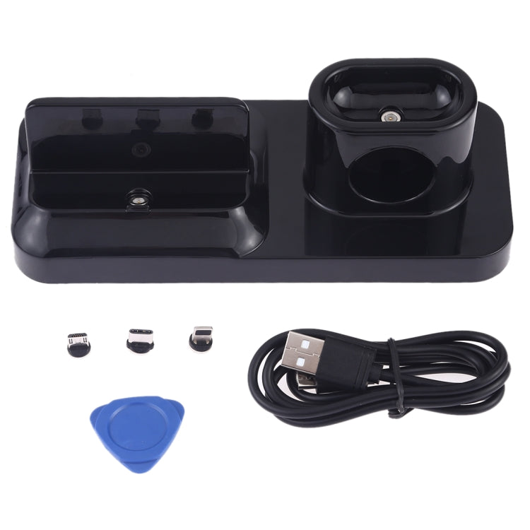 حامل قاعدة شحن لاسلكي قابل لإعادة الشحن للهاتف المحمول وسماعة الرأس، مع واجهات Micro USB + USB-C / Type-C + 8 دبابيس