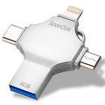 فلاش درايف 4 في 1 بسعة 8 جيجابايت USB 3.0 + 8 دبابيس + Micro USB + USB-C / Type-C للاستخدام المزدوج مع وظيفة OTG، 8 جيجابايت