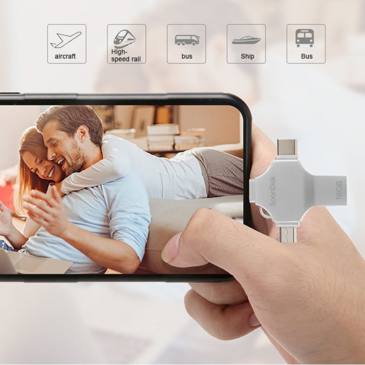فلاش درايف 4 في 1 بسعة 16 جيجابايت USB 3.0 + 8 دبابيس + Micro USB + USB-C / Type-C للاستخدام المزدوج مع وظيفة OTG، 16 جيجابايت