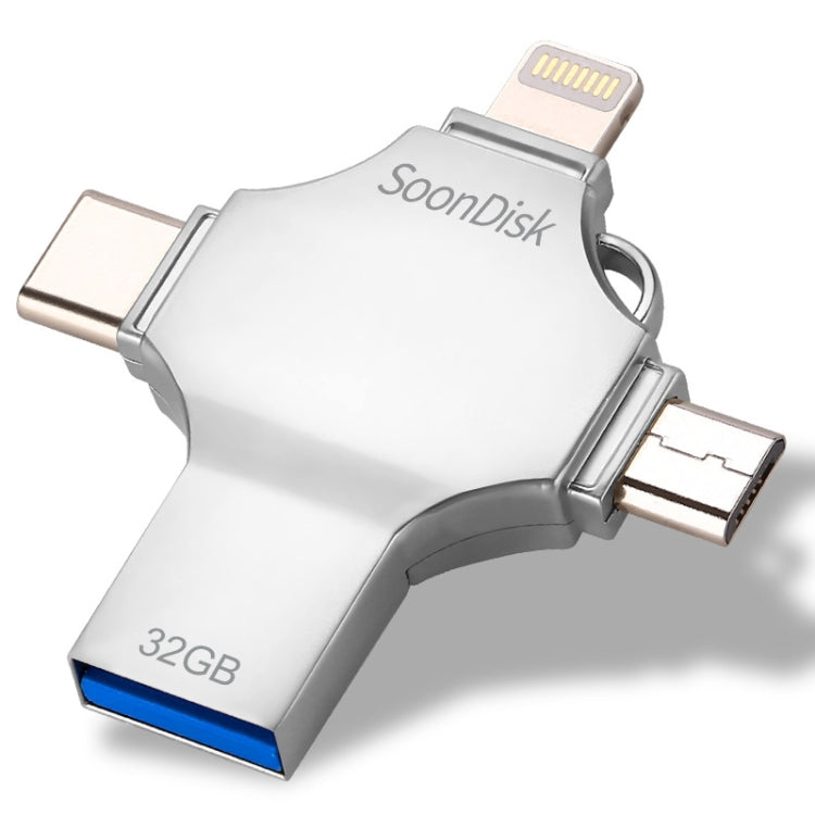 فلاش درايف 4 في 1 بسعة 32 جيجابايت USB 3.0 + 8 دبابيس + Micro USB + USB-C / Type-C للاستخدام المزدوج مع وظيفة OTG، 32 جيجابايت