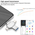 فلاش درايف 4 في 1 بسعة 64 جيجابايت USB 3.0 + 8 دبابيس + Micro USB + USB-C / Type-C للاستخدام المزدوج مع وظيفة OTG، 64 جيجابايت