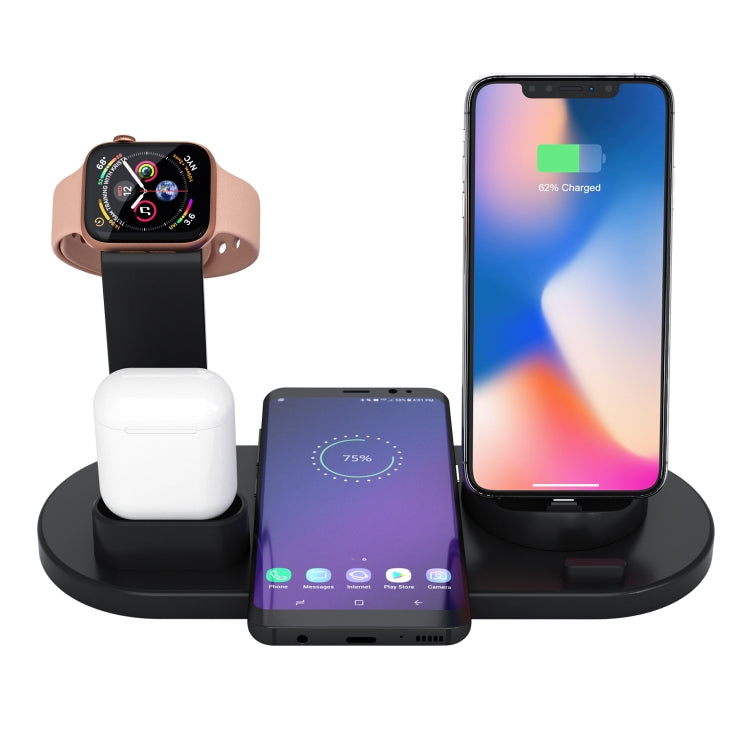 قاعدة شحن HQ-UD15 5 في 1 مع واجهات 8 دبابيس + Micro USB + USB-C / Type-C + واجهة شحن سماعة 8 دبابيس + قاعدة شحن لاسلكي مع حامل ساعة (أبيض)، مع شحن لاسلكي أسود، مع شحن لاسلكي أبيض، مع شحن لاسلكي فضي