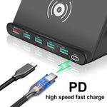 شاحن متعدد الوظائف 828W 7 في 1 بقدرة 60W مع واجهة USB QC 3.0 + 4 منافذ USB + واجهة USB-C / Type-C + شحن لاسلكي مع وظيفة حامل هاتف، قابس أستراليا، قابس أستراليا أسود، قابس أستراليا أبيض