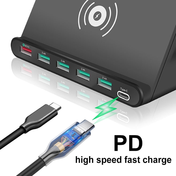 شاحن متعدد الوظائف 828W 7 في 1 بقدرة 60W مع واجهة USB QC 3.0 + 4 منافذ USB + واجهة USB-C / Type-C + شحن لاسلكي مع وظيفة حامل هاتف، قابس أستراليا، قابس أستراليا أسود، قابس أستراليا أبيض