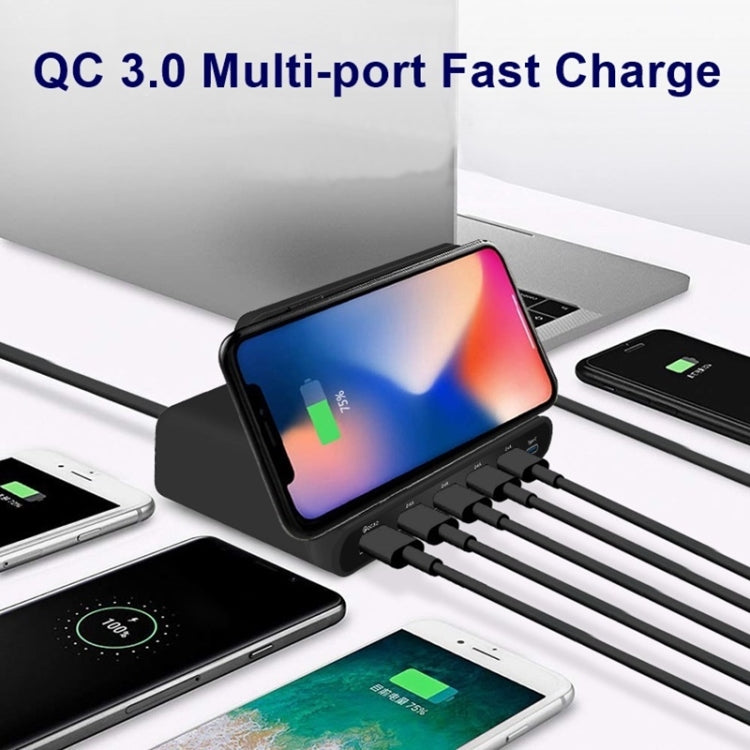 شاحن متعدد الوظائف 828W 7 في 1 بقدرة 60W مع واجهة USB QC 3.0 + 4 منافذ USB + واجهة USB-C / Type-C + شحن لاسلكي مع وظيفة حامل هاتف، قابس أستراليا، قابس أستراليا أسود، قابس أستراليا أبيض