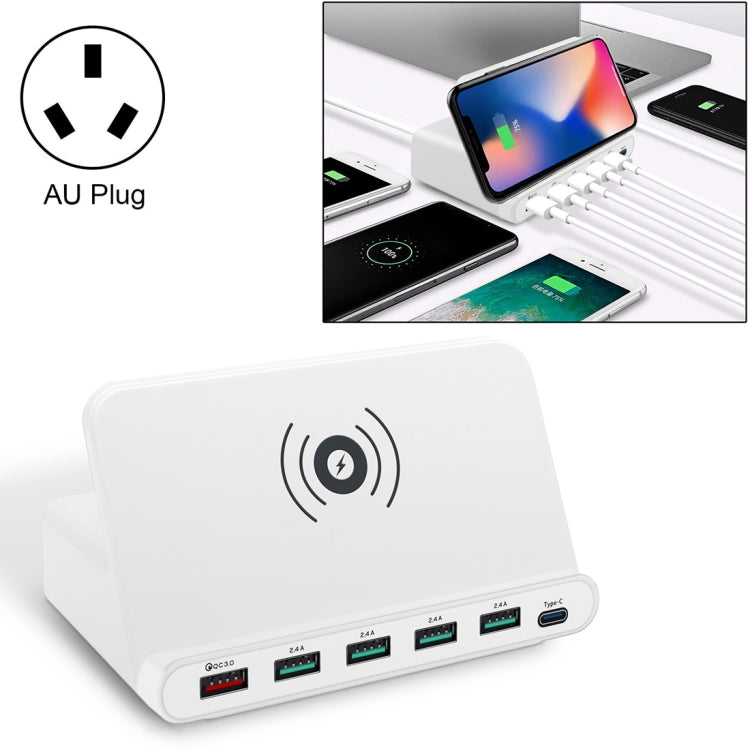 شاحن متعدد الوظائف 828W 7 في 1 بقدرة 60W مع واجهة USB QC 3.0 + 4 منافذ USB + واجهة USB-C / Type-C + شحن لاسلكي مع وظيفة حامل هاتف، قابس أستراليا، قابس أستراليا أسود، قابس أستراليا أبيض