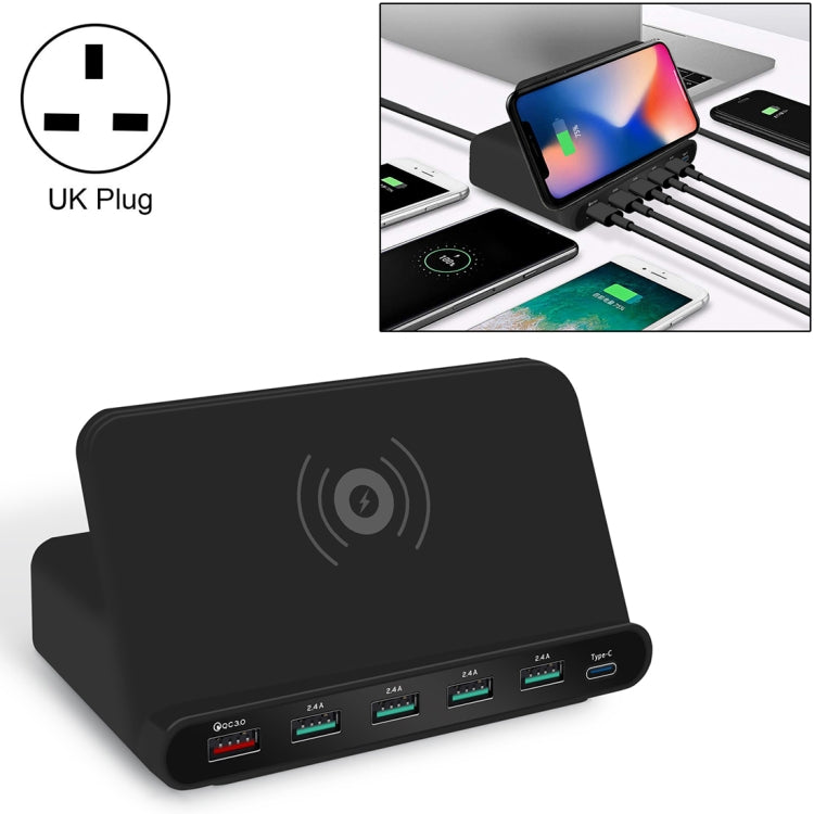 شاحن متعدد الوظائف 828W 7 في 1 بقدرة 60W مع واجهة USB QC 3.0 + 4 منافذ USB + واجهة USB-C / Type-C + شحن لاسلكي مع وظيفة حامل الهاتف المحمول، قابس المملكة المتحدة، قابس المملكة المتحدة باللون الأسود، قابس المملكة المتحدة باللون الأبيض