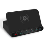 شاحن متعدد الوظائف 828W 7 في 1 بقدرة 60W مع واجهة USB QC 3.0 + 4 منافذ USB + واجهة USB-C / Type-C + شحن لاسلكي مع وظيفة حامل الهاتف المحمول، قابس المملكة المتحدة، قابس المملكة المتحدة باللون الأسود، قابس المملكة المتحدة باللون الأبيض