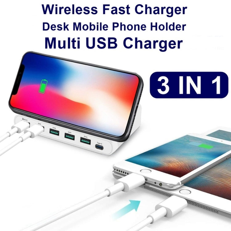 شاحن متعدد الوظائف 828W 7 في 1 بقدرة 60W مع واجهة USB QC 3.0 + 4 منافذ USB + واجهة USB-C / Type-C + شحن لاسلكي مع وظيفة حامل الهاتف المحمول، قابس المملكة المتحدة، قابس المملكة المتحدة باللون الأسود، قابس المملكة المتحدة باللون الأبيض
