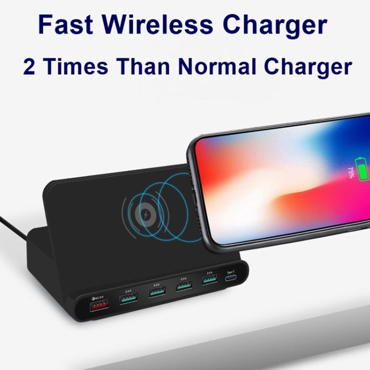 شاحن متعدد الوظائف 828W 7 في 1 بقدرة 60W مع واجهة USB QC 3.0 + 4 منافذ USB + واجهة USB-C / Type-C + شحن لاسلكي مع وظيفة حامل الهاتف المحمول، قابس المملكة المتحدة، قابس المملكة المتحدة باللون الأسود، قابس المملكة المتحدة باللون الأبيض