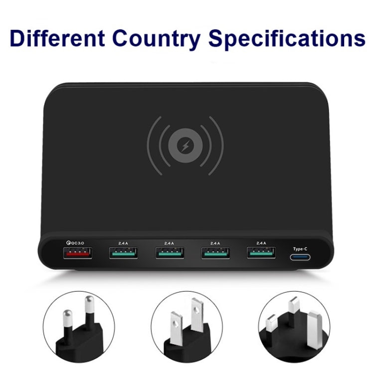 شاحن متعدد الوظائف 828W 7 في 1 بقدرة 60W مع واجهة USB QC 3.0 + 4 منافذ USB + واجهة USB-C / Type-C + شحن لاسلكي مع وظيفة حامل هاتف، قابس الولايات المتحدة، قابس الولايات المتحدة أسود، قابس الولايات المتحدة أبيض