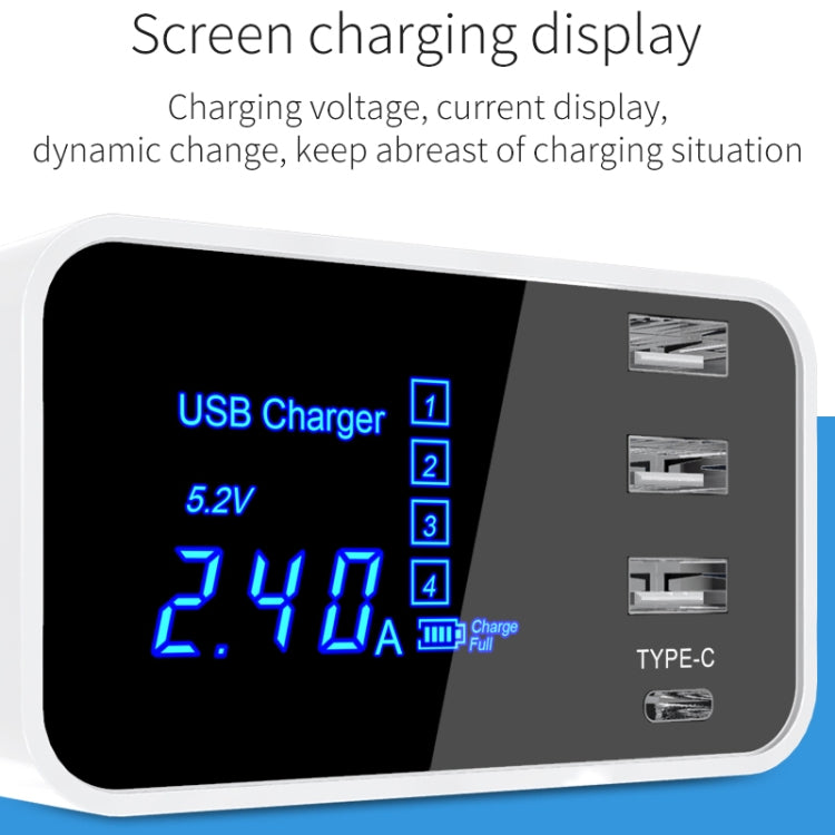 شاحن متعدد الوظائف CDA30 بقدرة 20W مع 3 منافذ USB + منافذ USB-C / Type-C مع شاشة LED، قابس المملكة المتحدة، قابس المملكة المتحدة