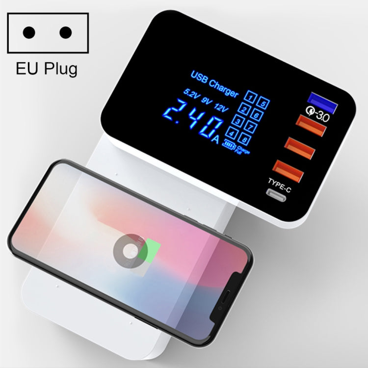 شاحن متعدد الوظائف CDA33Q بقدرة 40W مع USB QC 3.0 + 3 منافذ USB + منافذ USB-C / Type-C مع شاشة LED، قابس الاتحاد الأوروبي، قابس الاتحاد الأوروبي
