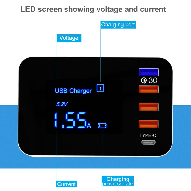 شاحن متعدد الوظائف CDA33Q بقدرة 40W مع USB QC 3.0 + 3 منافذ USB + منافذ USB-C / Type-C مع شاشة LED، قابس أستراليا، قابس أستراليا