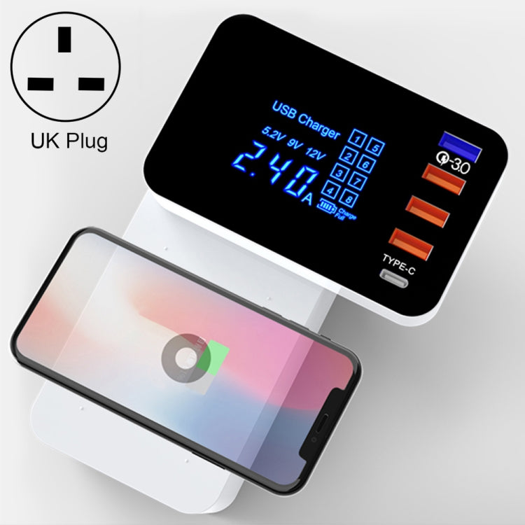 شاحن متعدد الوظائف CDA33Q بقدرة 40W مع USB QC 3.0 + 3 منافذ USB + منافذ USB-C / Type-C مع شاشة LED، قابس المملكة المتحدة، قابس المملكة المتحدة