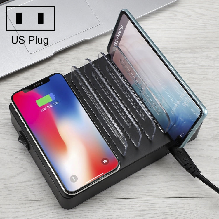 شاحن متعدد الوظائف بقدرة 50W مع 6 منافذ USB + 2 منافذ USB-C / Type-C + شحن لاسلكي مع شاشة LED وحافة قابلة للفصل، قابس الولايات المتحدة، قابس الولايات المتحدة