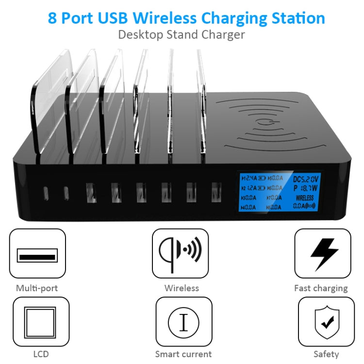 شاحن متعدد الوظائف بقدرة 50W مع 6 منافذ USB + 2 منافذ USB-C / Type-C + شحن لاسلكي مع شاشة LED وحافة قابلة للفصل، قابس الاتحاد الأوروبي، قابس الاتحاد الأوروبي