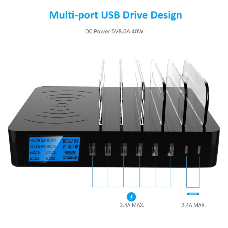 شاحن متعدد الوظائف بقدرة 50W مع 6 منافذ USB + 2 منافذ USB-C / Type-C + شحن لاسلكي مع شاشة LED وحافة قابلة للفصل، قابس الاتحاد الأوروبي، قابس الاتحاد الأوروبي