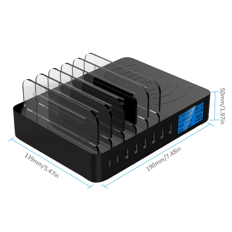 شاحن متعدد الوظائف بقدرة 50W مع 6 منافذ USB + 2 منافذ USB-C / Type-C + شحن لاسلكي مع شاشة LED وحافة قابلة للفصل، قابس الولايات المتحدة، قابس الولايات المتحدة