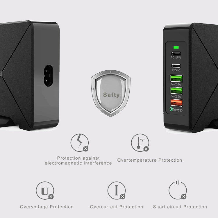 شاحن مكتبي F88 مع 3 منافذ USB + 2 منافذ USB-C / Type-C يدعم QC3.0، F88